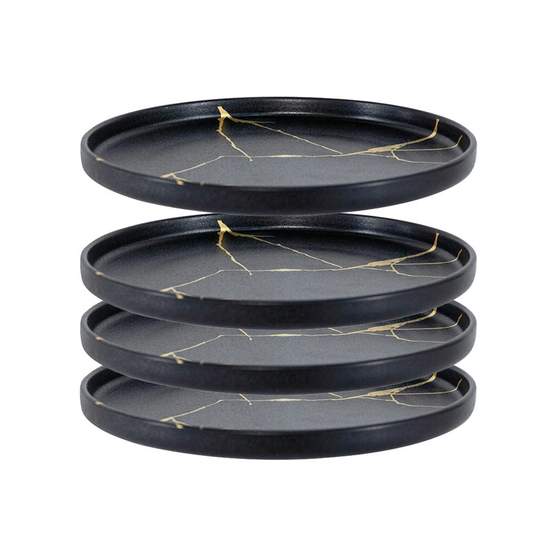 Assiette de service avec détails dorés - ensemble de 4 - diamètre de 8,3 po, Noir / or