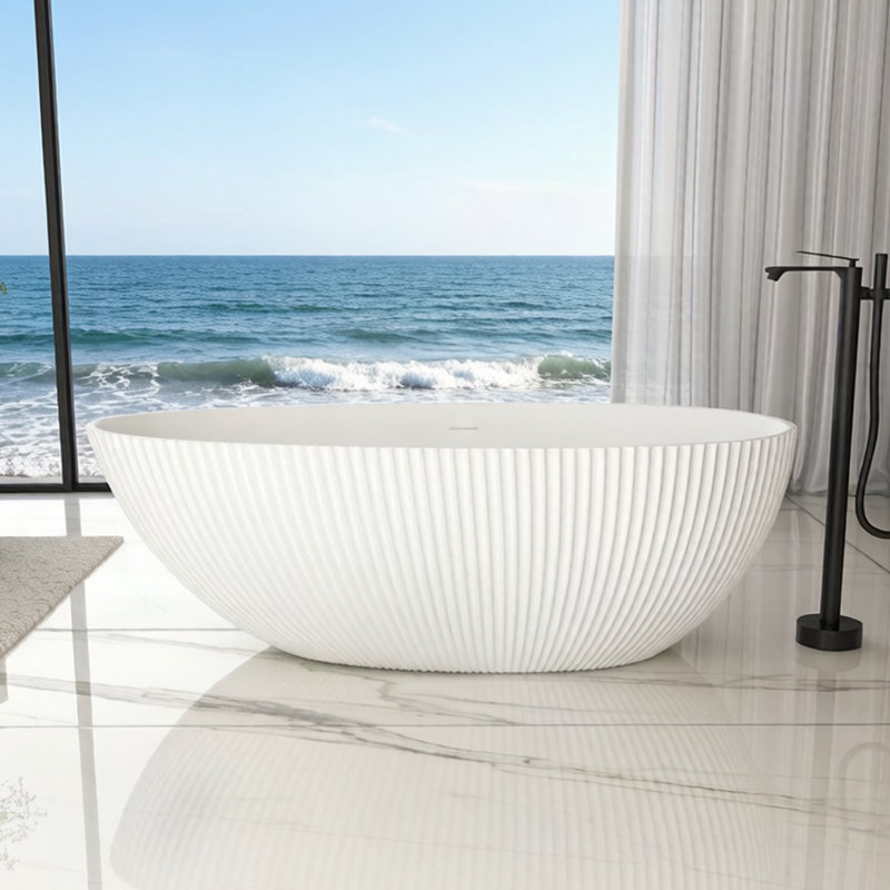 67” Freestanding Soaking Solid Surface Bathtub Egg-Shell Design In White With Vertical Texture