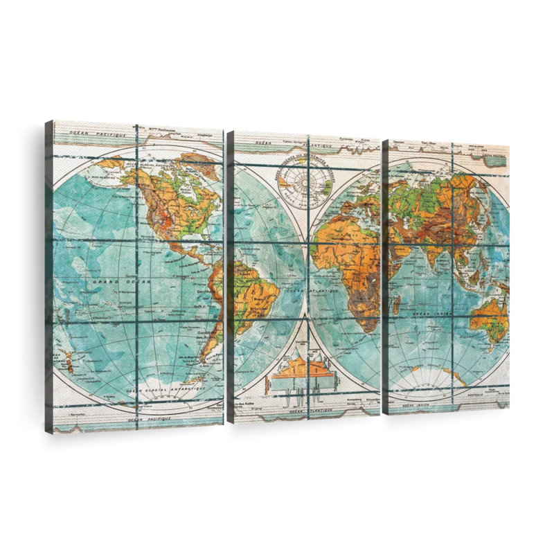 «Globe World Map», ensemble de 3 reproductions sur toile par Tess P, H 24 po x l 38 po x P 1,25 po