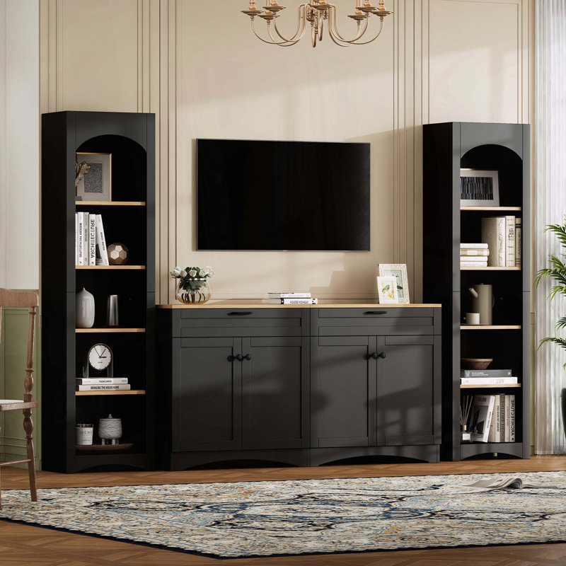 Meuble audio-vidéo Adroid de style Mid-Century avec charme rustique, meuble de rangement pour téléviseur de 70 po, meuble télé avec tablettes et bibliothèque réglables, buffet de salon