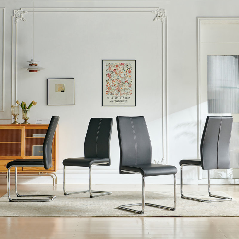 Faux Leather Dining Chair Set with Chrome Cantilever Base, Black, 4