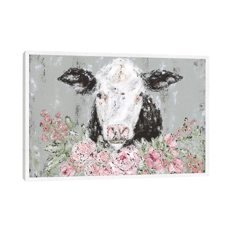 Floral Cow by Ashley Bradley - Painting on Canvas, White Framed, 101.6 cm H x 66.04 cm W