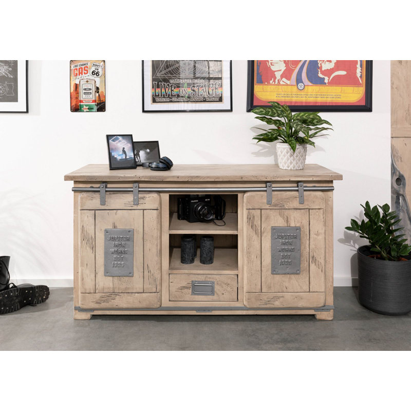 Railway 128cm Solid Wood Sideboard, Whitewash Lacquered