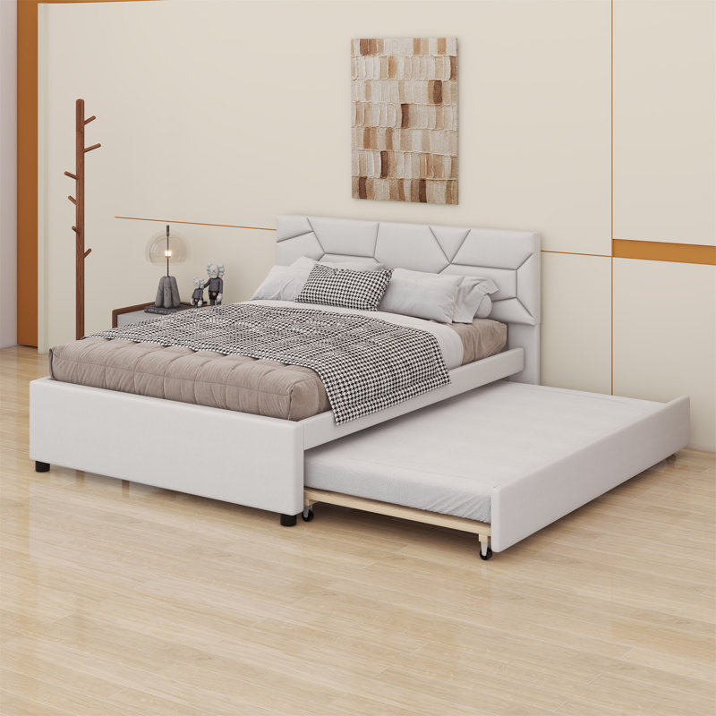 Lit plateforme tapissier avec lit gigogne, Beige, Double, No Storage Included