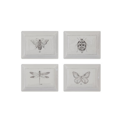 4‑Piece Ceramic Rectangular Plates with Insect Illustrations