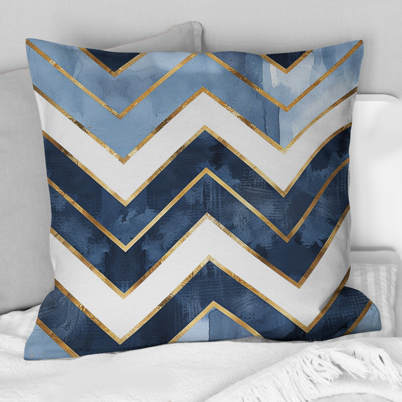 Blue Gold Chevron Glam V - Transitional Throw Pillow, 16"H x 16"W