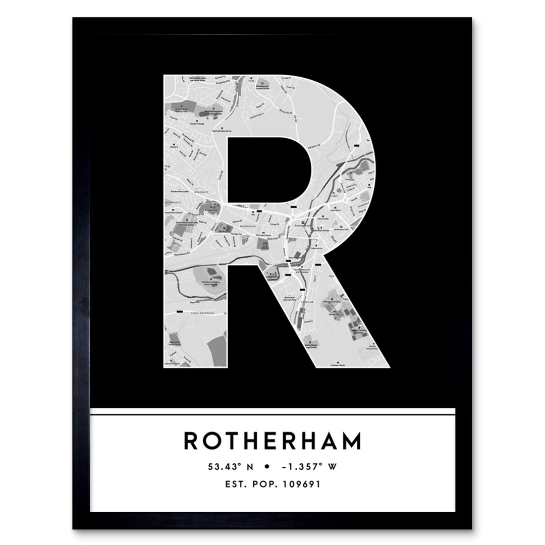 Rotherham City Map Rotherham Black & White by Wee Blue Coo - Single Picture Frame Typography
