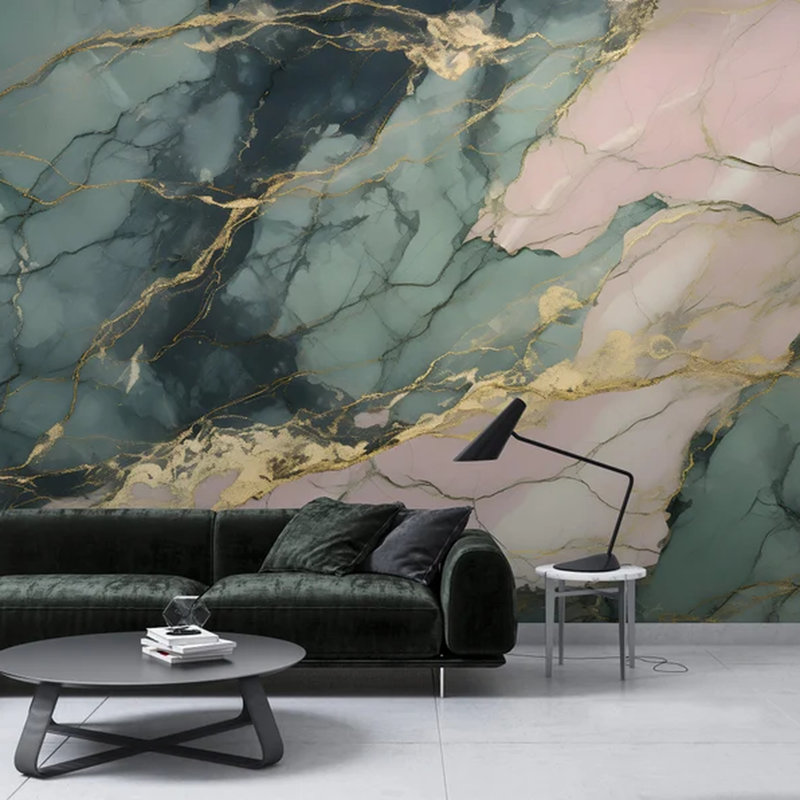 Murale sarcelle or rose marbré, L 108 po x l 96 po