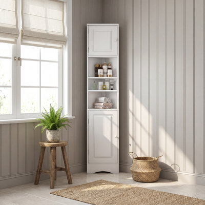 Tall White Corner Storage Cabinet with Adjustable Shelves and Enclosed Doors