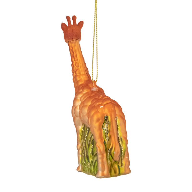 Ornement de Noël en verre 5 po girafe orange et herbe verte
