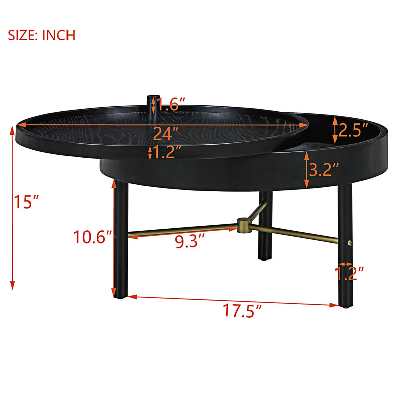 Wood Rotating Tray Coffee Table with Storage, Black