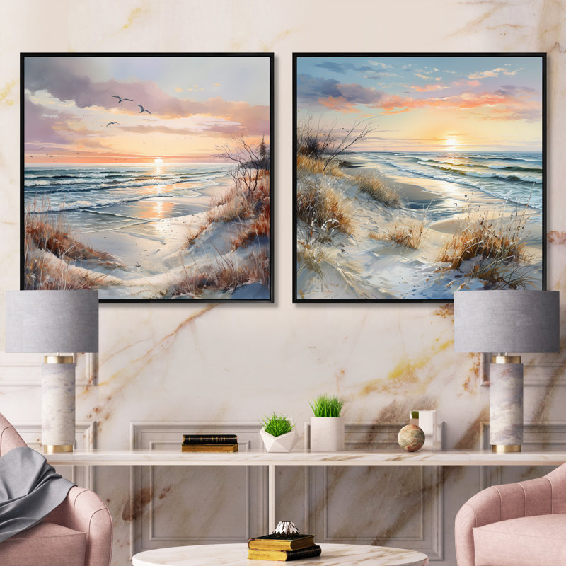 Beach Sunset Charm In Winter II - Coastal Sunset, Cadre flottant noir, H 16 po x l 33 po