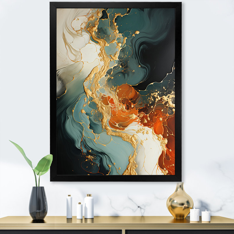 Orange Stone Storm IV - Abstract Wall Art, Black Picture Framed, 44" H x 34" W x 1.5" D
