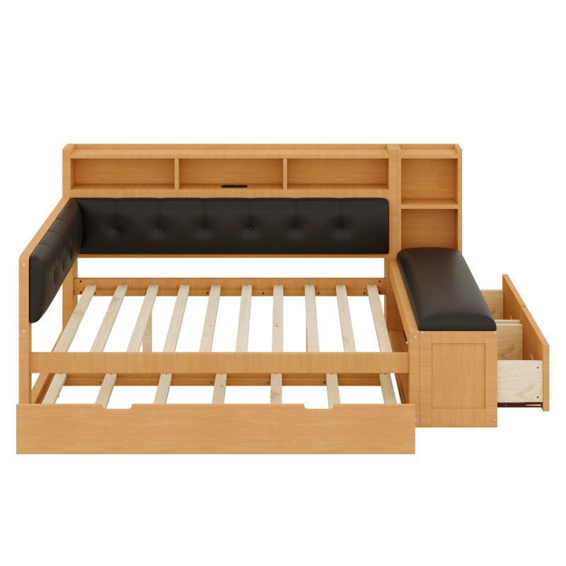Lit de jour multifonctionnel avec lit gigogne, tablettes de rangement, banc et tête de lit tapissier
