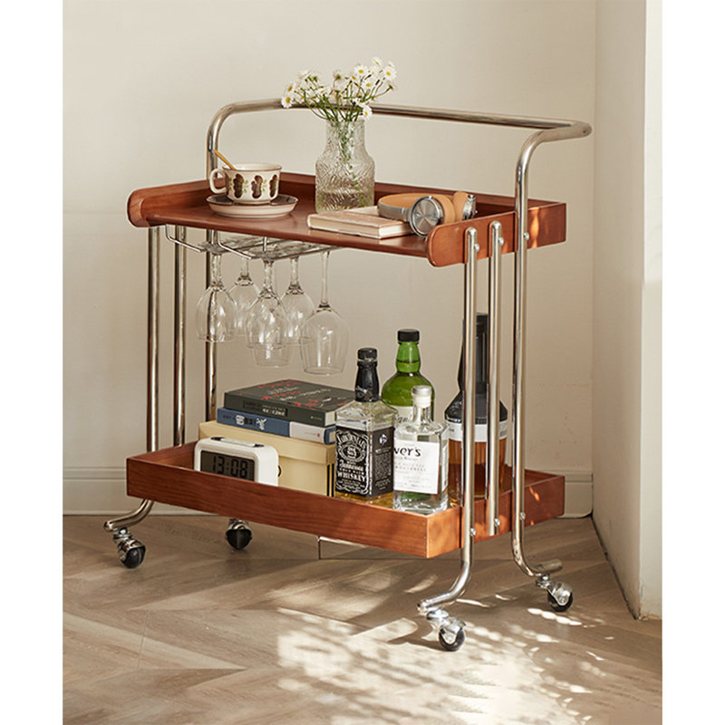 Two Tier Wood And Chrome Rolling Side Table Cart