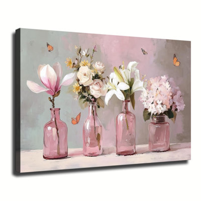 Bouquets de fleurs pastel dans des vases en verre rose avec papillons volants, grande impression sur toile tendue avec châssis pour salon, chambre à coucher