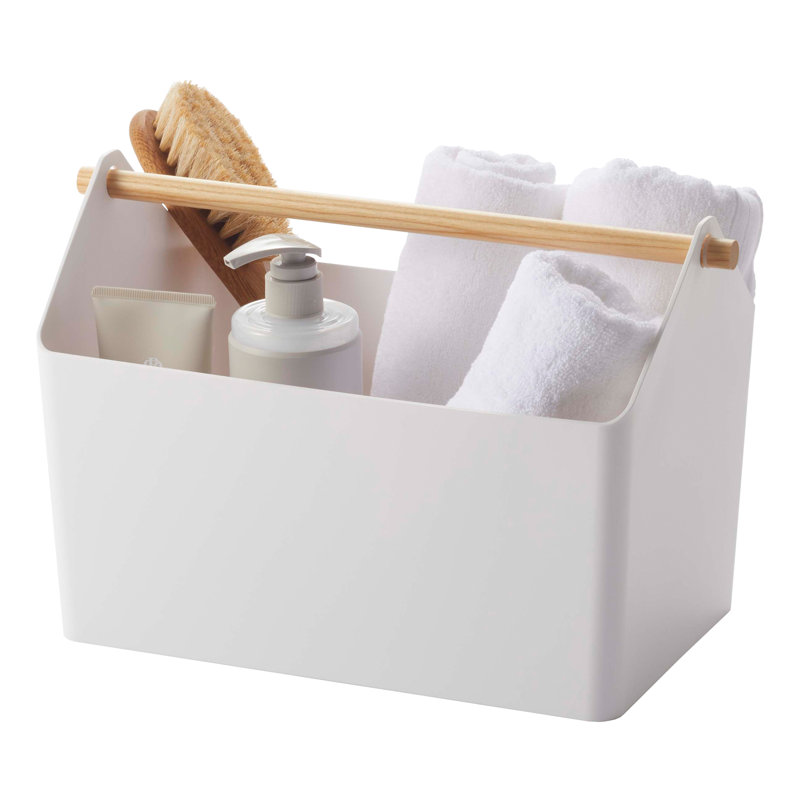 Rangement Yamazaki avec poignée en bois, blanc