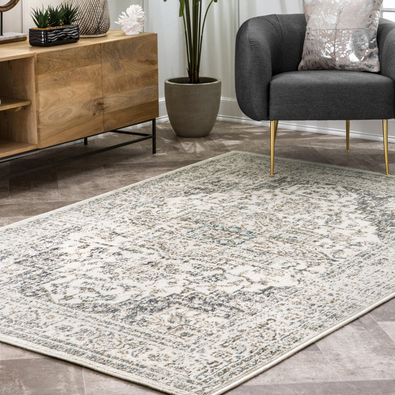 Tapis crème à médaillon oriental tissé à la machine Ethelinde, Rectangle 8 pi x 10 pi