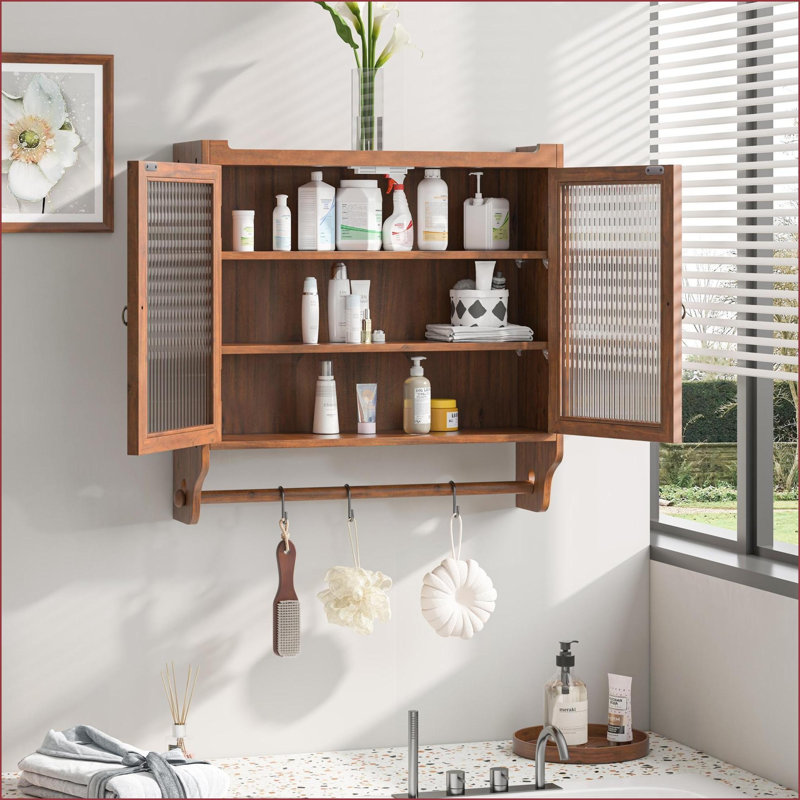 Wall Cabinet, Vintage Brown 3-Tier Storage with Glass Doors &amp; Towel Rack | Solid Wood | Glass, Walnut