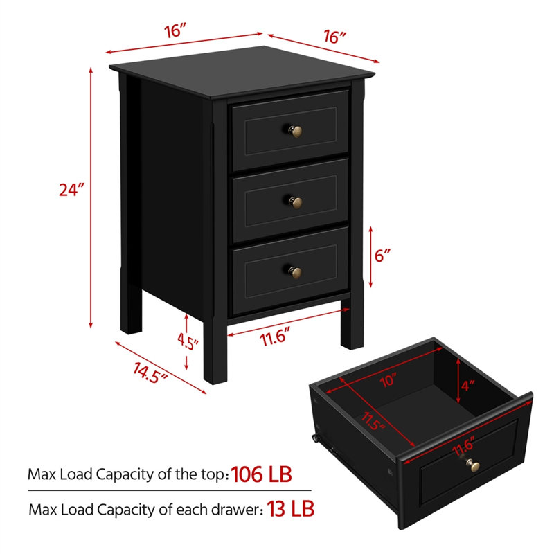 3 - Drawer Nightstand, Black
