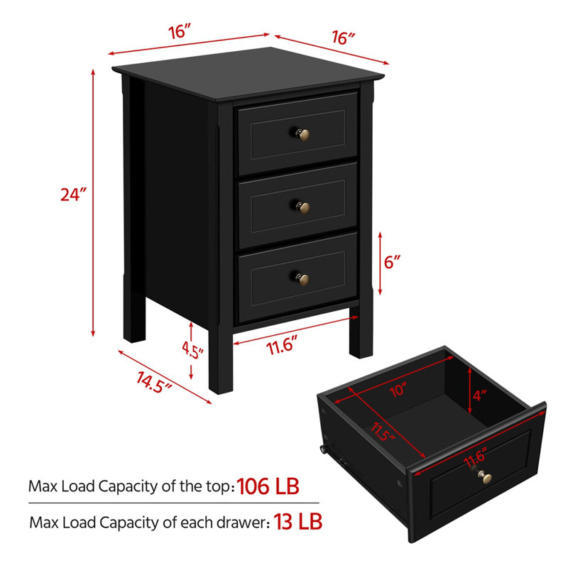 Anitrea 3-drawer Nightstand, Black