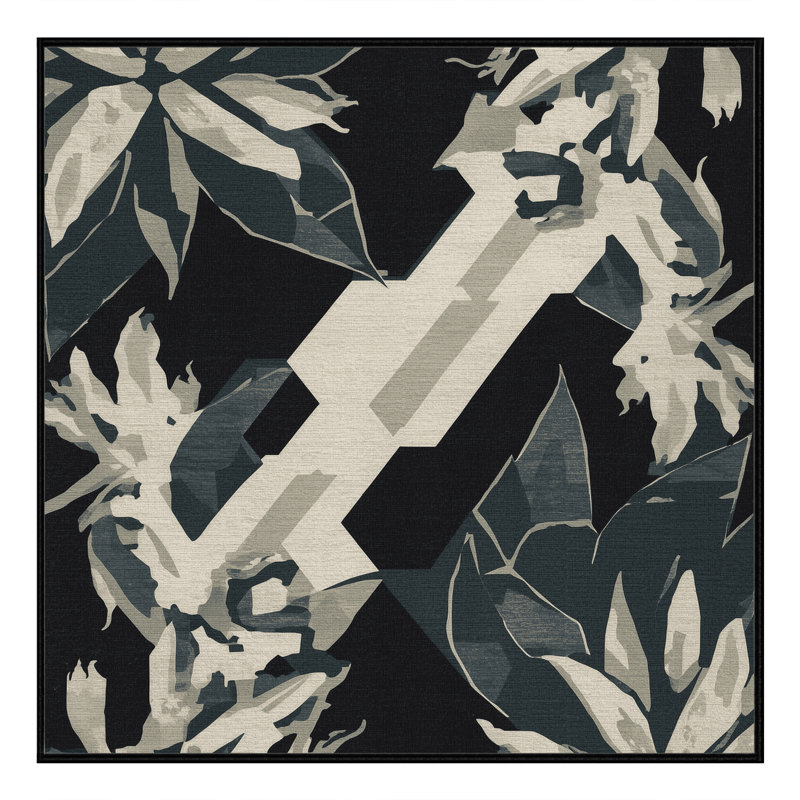 Machine Washable Parrilla Jade Plant Coastal Geometric Rug in Black – Black Binding, 5' Square