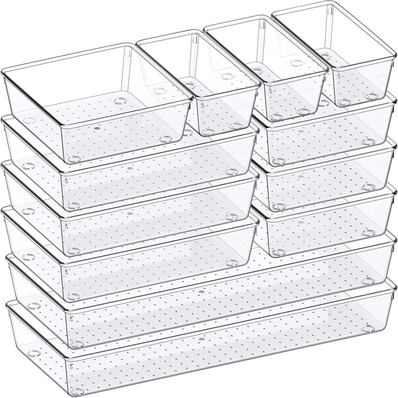 Ensemble de 12 organisateurs de tiroir de cuisine en plastique transparent, 4 salles de bain polyvalentes