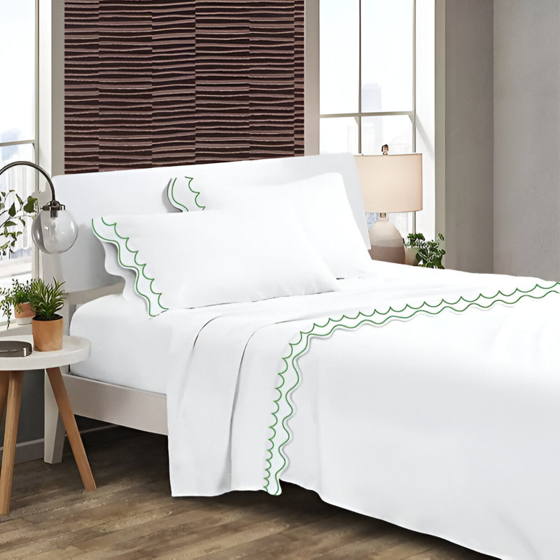 400TC Cotton Sateen Double Scallop Embroidery 4 Piece Sheet Set Fitted Sheet Fits Upto 16" Deep Pocket, Green Border