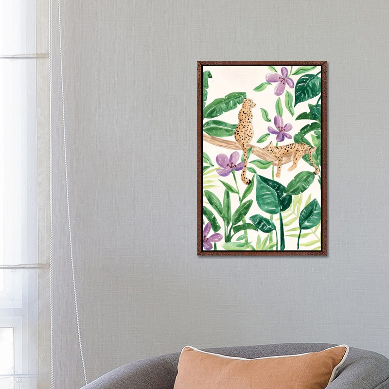 Leopards in the Jungle 1 Piece Painting on Canvas, 66.04cm H x 45.72cm W x 3.81cm D, Classic Brown Wood Floater Framed