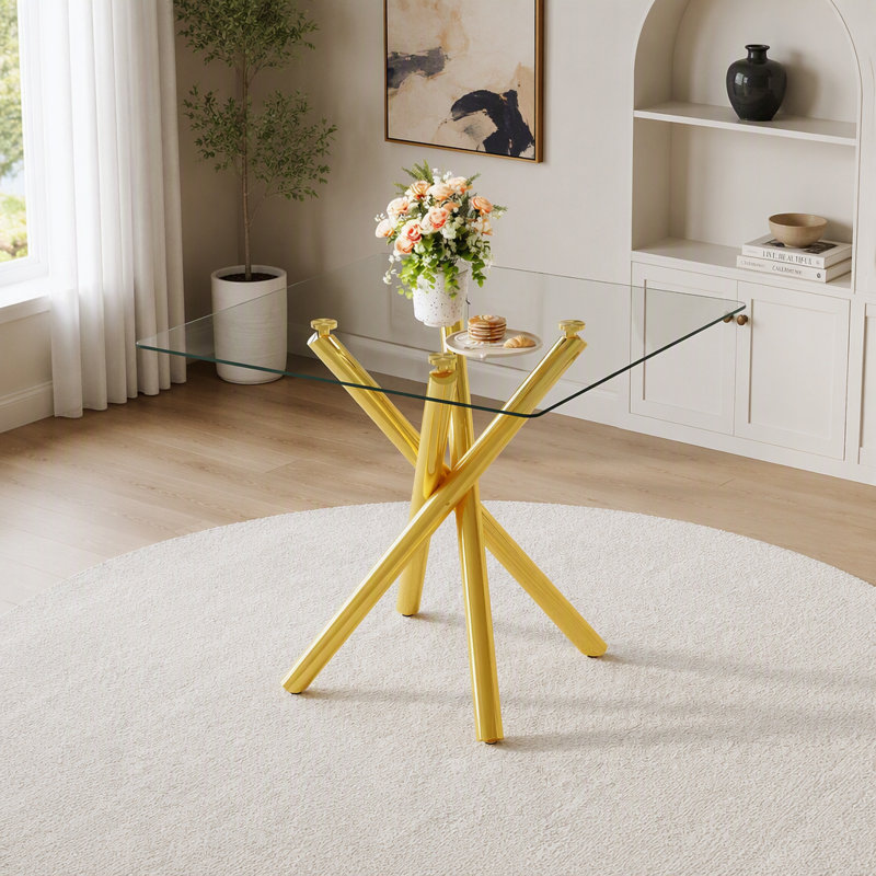 Table de bar moderne en or avec plateau en verre trempé, pieds en croix robustes pour la maison et la cuisine