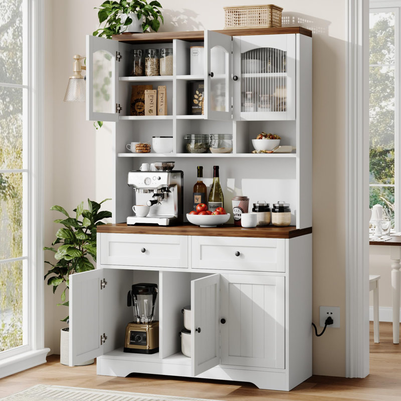 71" Pantry Cabinet with Charging Station, Tall Kitchen Pantry Storage Cabinet with Microwave Stand, Farmhouse Kitchen Hutch with Storage Drawers
