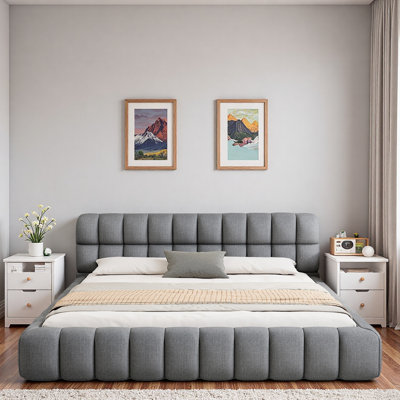 Upholstered Platform Bed With Stitching Details And Strong Support