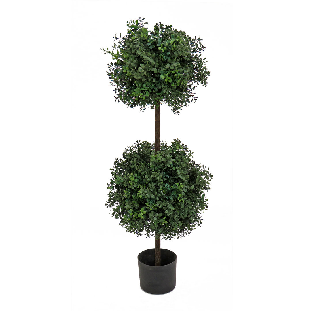 46-Inch Artificial Boxwood Double Ball Topiary Tree, Realistic Fake Tree Potted Plant, Black Nursery Pot The Holiday Aisle®