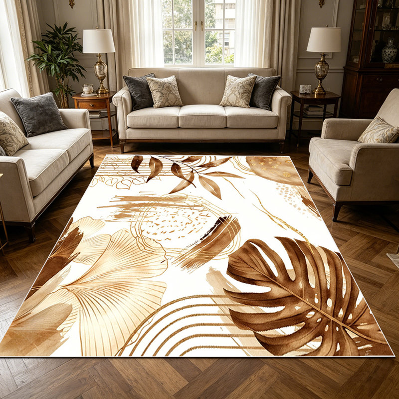 1PC Boho Neutral Watercolor Tropical Palm Leaf & Gold Geometric area rugs for Living Room, Soft, All seasons, Easy-maintain, Washable Indoor mat, Farmhouse suitable for for dining table, bedroom, entryway...
