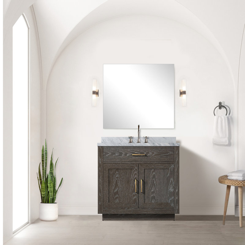 Meuble-lavabo en chêne brun 36 po x 22 po avec surface en marbre et robinet en bois massif W Bain dans une étagère, porte souple
