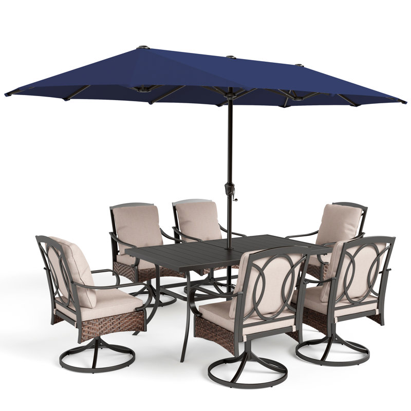Ensemble de salle à manger rectangulaire pour 6 personnes de 60 po avec coussins et parasol Leonard, Bleu marine