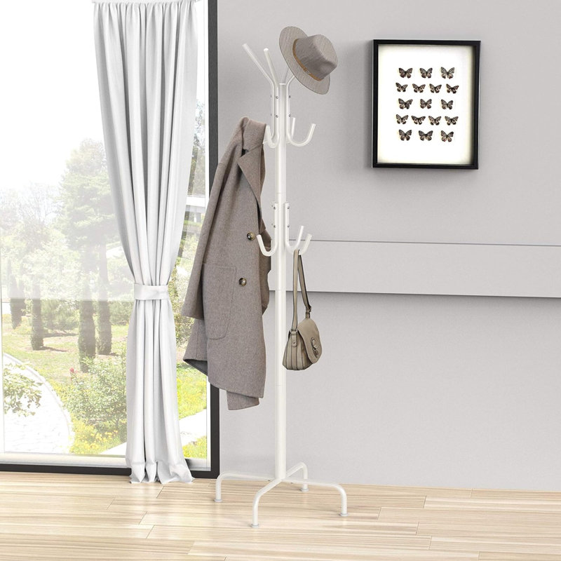 Standing Coat And Hat Hanger Organizer Rack, 12 Hooks Turquoise, White