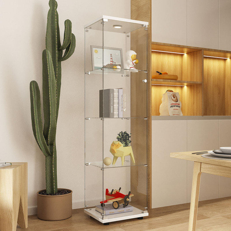 Glass Display Cabinet With LED Strip Lights, Glass Display Cases With Shelves, Curio Cabinets, White