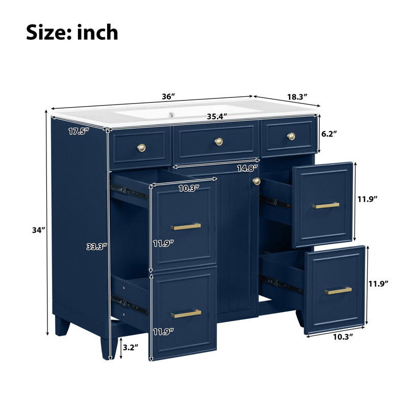 Meuble-lavabo vert 36 po Zorindale, plateau en céramique, structure en bois massif, Bleu