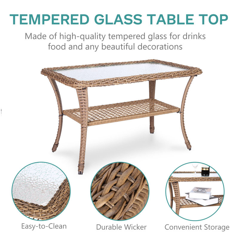Bay Isle Home™ 5 Pieces Outdoor Wicker Patio Conversation Sets With Glider Loveseat, 2 Chairs With 2 Glass-Top Coffee Table Wicker Rocking Glider Set, Wicker Conversation Set With Thickened Cushions, Beige