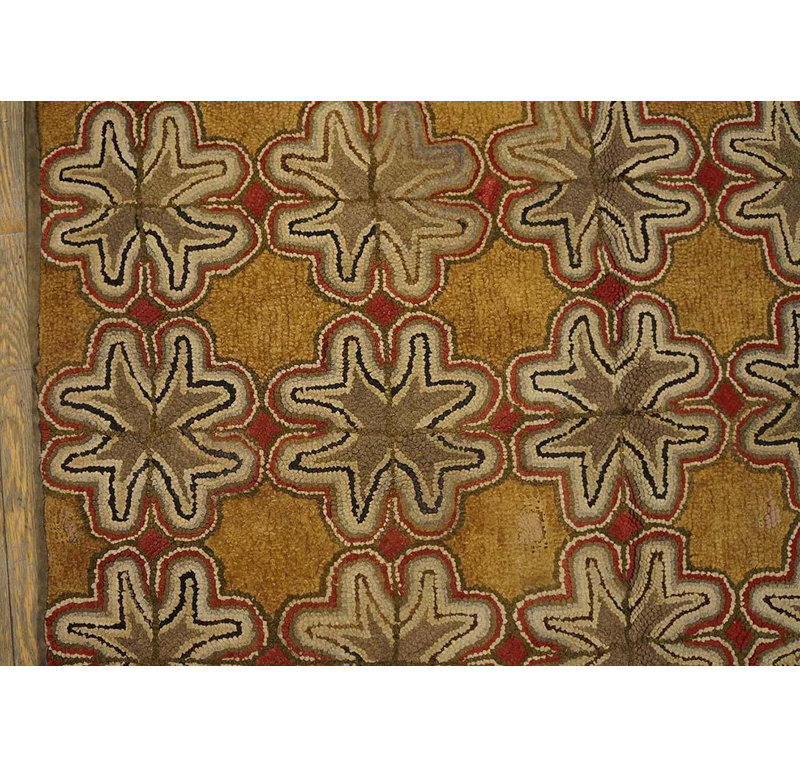 1900s Multicolor Star Folk Art American Hooked Rug 4'6"x4'8" Jute Loop Carpet