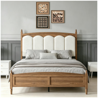 Base de lit plateforme grand avec tête de lit tapissier, style Mid-Century, brun