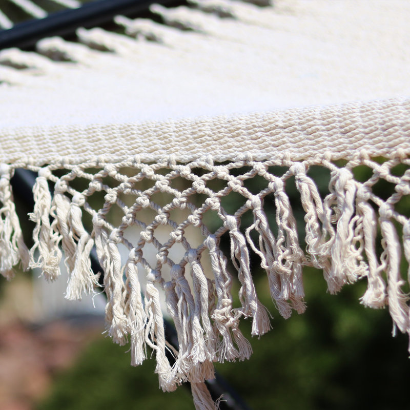 Alexzandyr 2-Person Woven Polyester Style Hammock with Crocheted edges and Wooden Spreader Bars - White, Solid Colour