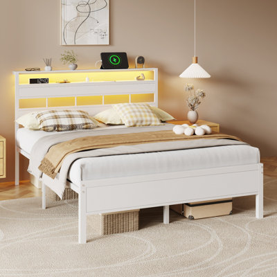 Queen Metal Slat Bed Frame Featuring 2-Tier Shelves, Wood Headboard, LED Lighting and Charging Station