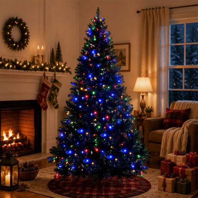 Sapin de Noël artificiel noir de 1,80 m, pré-illuminé, avec 920 branches et 280 lumières DEL multicolores, idéal pour une décoration de Noël moderne.