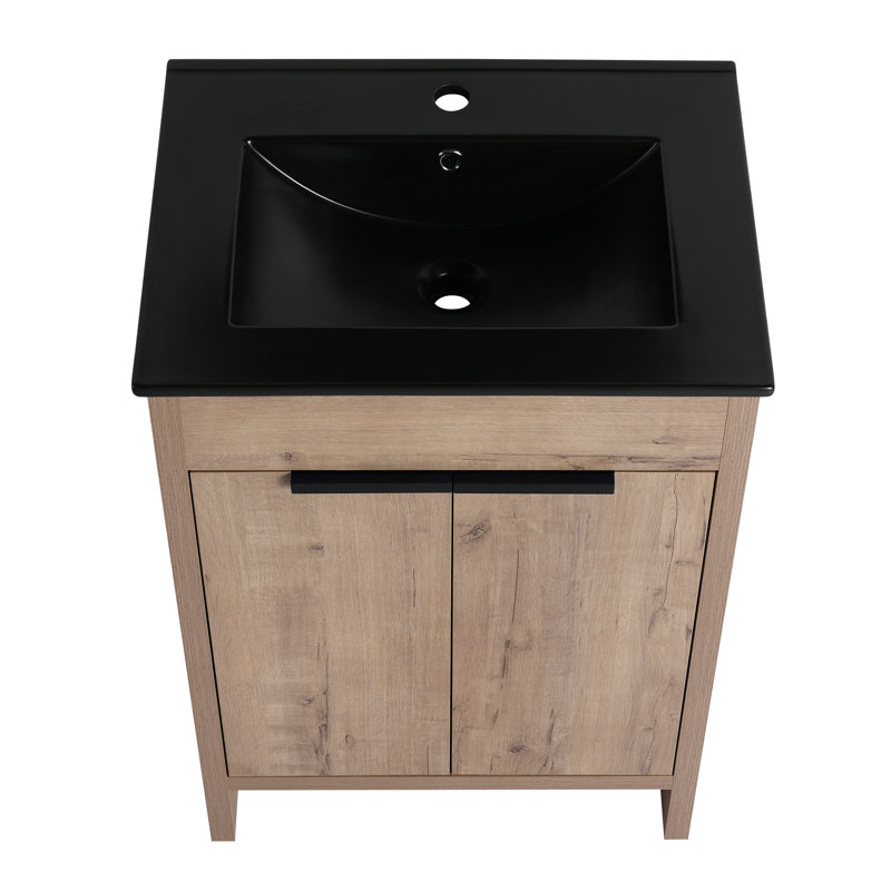 Meuble-lavabo autoportant 24 po avec lavabo en céramique noire et 2 portes d'armoire à fermeture en douceur