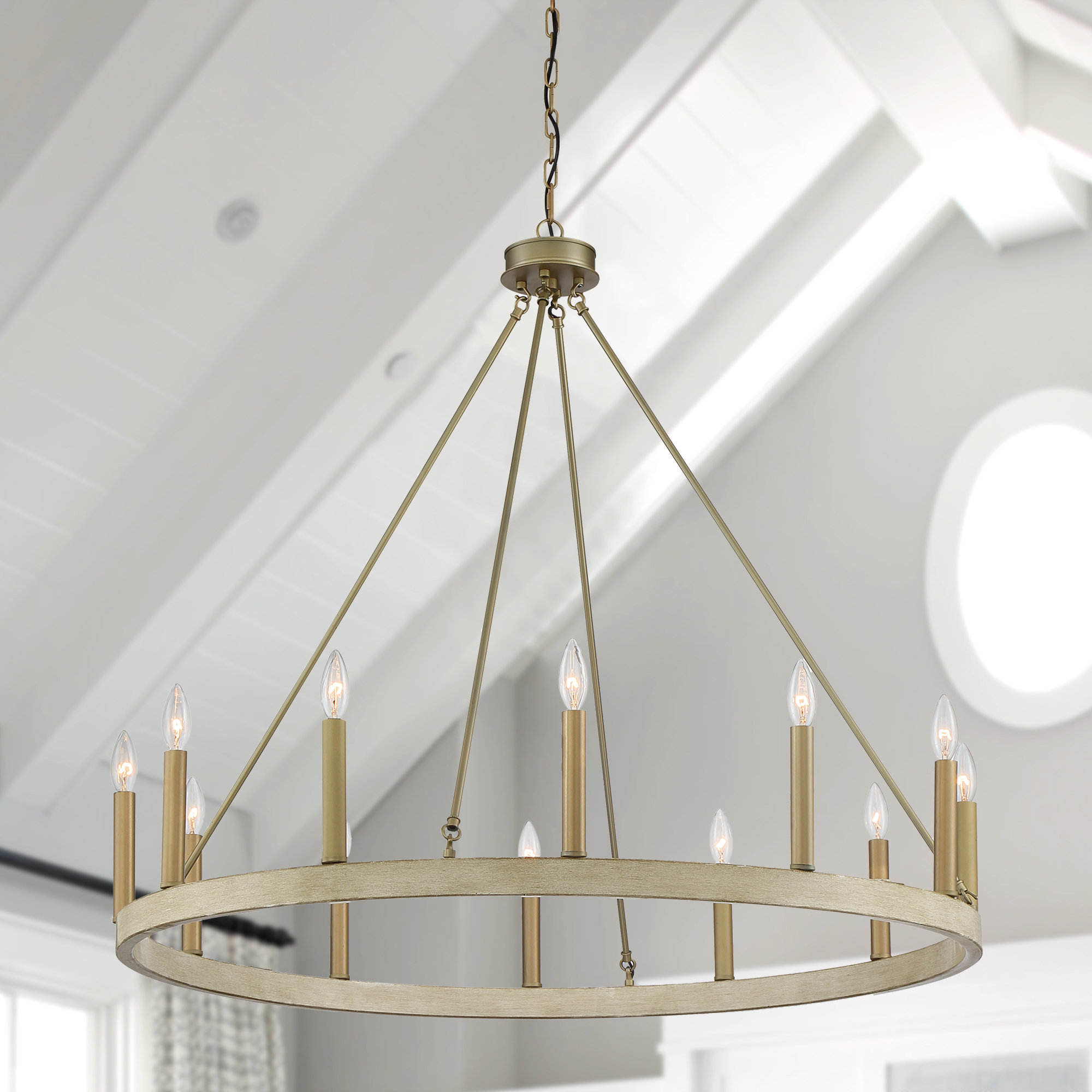 Madalyn 12 - Light Candle Style Wagon Wheel Chandelier, Driftwood/Brass Dust