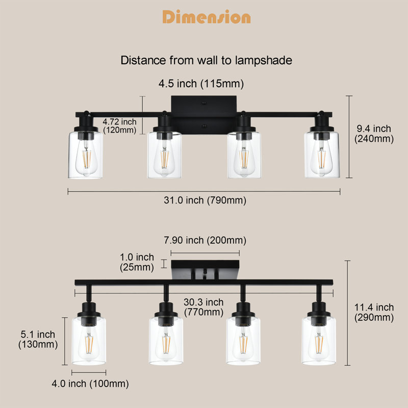 4-Light Track Vanity Light, Ceiling Light, Ajustable Heads Track Light, Track Lighting Fixtures Ceiling With Clear Glass Shade, Modern Black Track Lighting For Kitchen, Living Room, Hallway(Bulbs Not Included)