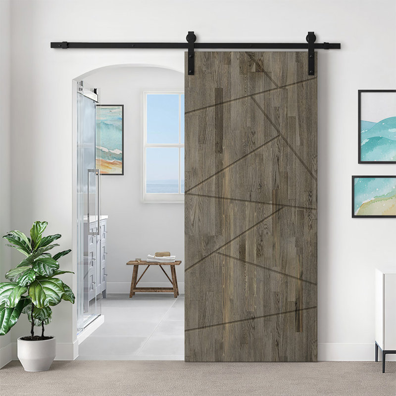 Porte de grange en bois massif lambrissé et métal, 24 po x 80 po, Gris patiné