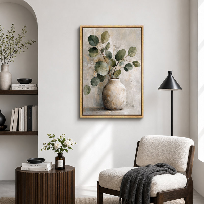«Green Eucalyptus Branches», œuvre d'art encadrée sur toile, 36" H x 24" W x 1.5" D, Natural Frame